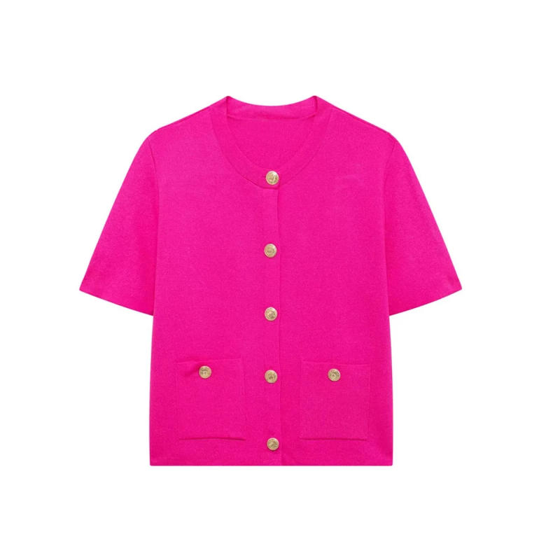 Description Picture 4 of itemTRZA-Women's Front Patch Pockets Cardigan with Buttons, Knit Sweater, O Neck, Short Sleeve, Female Outerwear, Chic Tops, Fashion