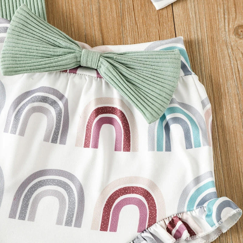 Description Picture 6 of itemKids Girls Pants Suit Casual Party Fly Sleeve Romper Tops Rainbow Short Trousers Headband