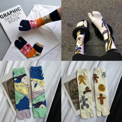 Colorful Cartoon Combed Cotton Women's Two Toe Socks Grapes Waves Carp Japanese Harajuku Funny Cute Sandals Tabi Socks Sokken
