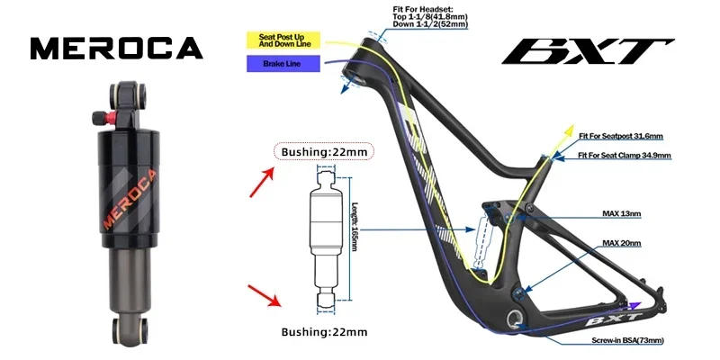 Description Picture 5 of itemMEROCA Bicycle Air Rear Shock 125mm/150mm/165mm/190mm/200mm Alloy MTB Scooter Folding Bike Shock Absorber Cycling Accessories