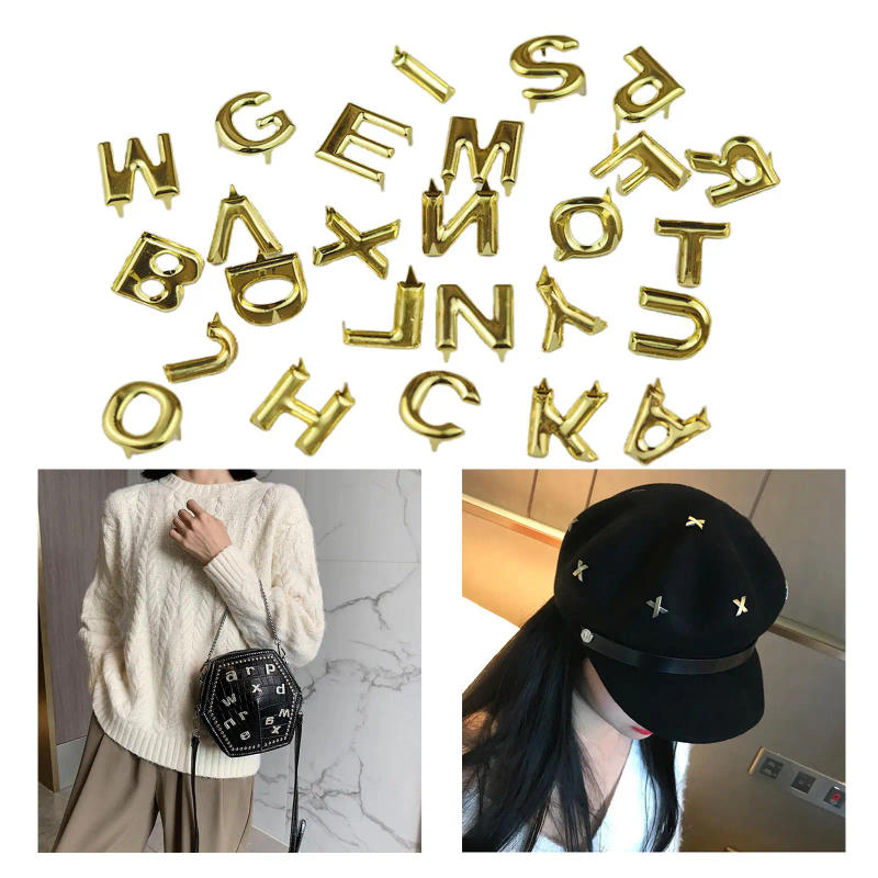 Description Picture 3 of item26Pcs Golden Tone Letter Nailhead Rivets Studs Buttons with Spikes Shoes Bag Clothes DIY Leathercraft Crafts Supplies