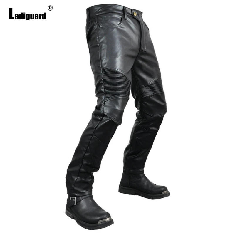Description Picture 4 of itemLadiguard Plus Size 4xl Mens Pu Leather Pants 2023 Summer Ruched Moto & Bike Pants Male Knee Pad Trouser Sexy Faux Leather Pant