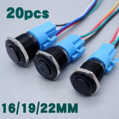 20pcs16/19/22mm Black Metal Push Button Switch Waterproof Illuminated with Wire Led Light  Momentary Latching Switches 5V 12V 6V