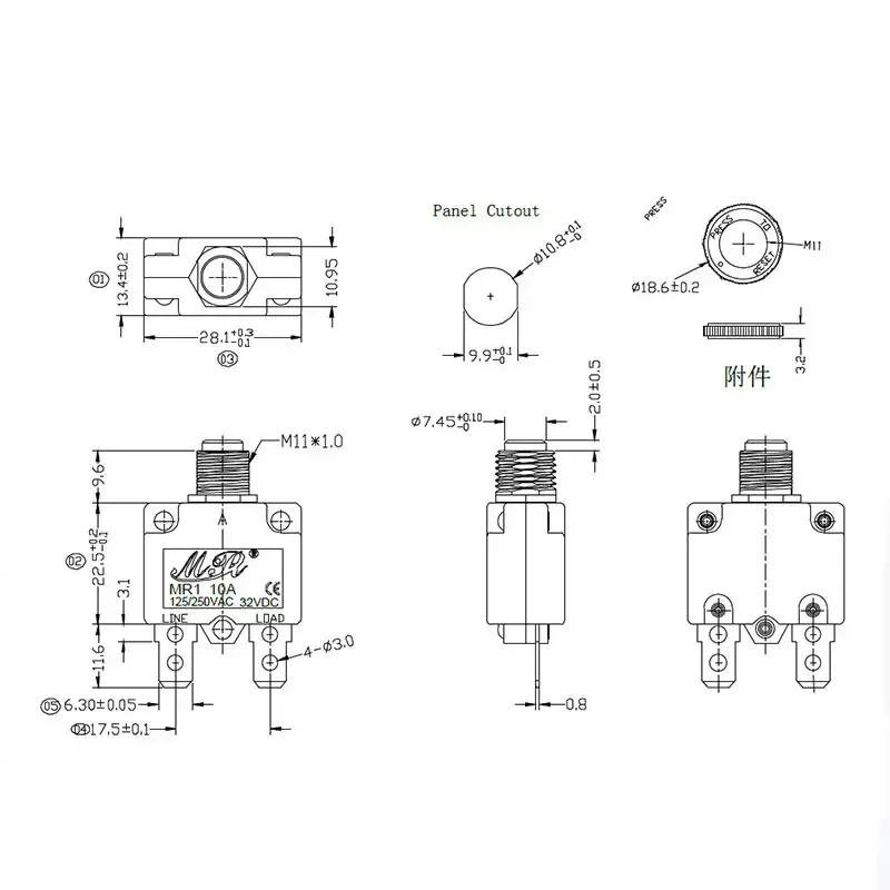 Description Picture 2 of item3A 4A 5A 8A 10A 12A 15A 18A 20A 25A 30A Circuit Breaker Overload Protector Switch Fuse Resettable 220V with Waterproof Cap