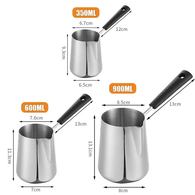 Description Picture 4 of itemLong Handle Turkish Coffee Pot with Pouring Spout Stainless Steel Milk Butter Warmer Pot Stovetop Chocolate Melting Pan