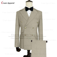 Fashion Striped Mens Suits Set Tailor-made Luxury Wedding Business Slim Fit Double Breasted Tuxedo Grey Strips Blazer Pants 2Pcs