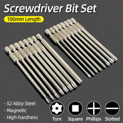 Magnetic Screwdriver Bits Set 100mm Slotted Phillips Torx Square Head Drill Bit 1/4" Hex Shank S2 Steel Screw Driver Hand Tools