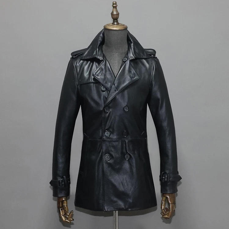 Description Picture 3 of itemSpring Autumn Fall Men's Trench Genuine Leather Cowhide Jacket & Coat for Male Double Breasted Middle Length Black Oversize XXXL
