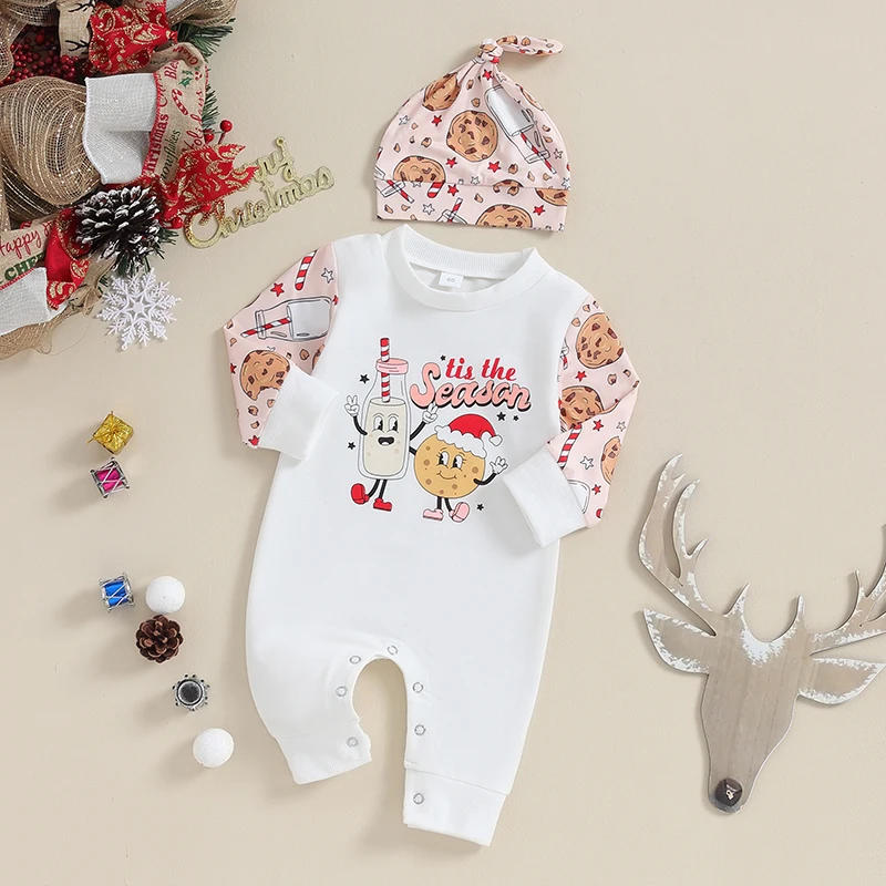 Description Picture 4 of itemBaby Girls Boys Sweatshirts Rompers Christmas Clothes Letter Cartoon Print Long Sleeve Jumpsuits Toddler Fall Bodysuits with Hat