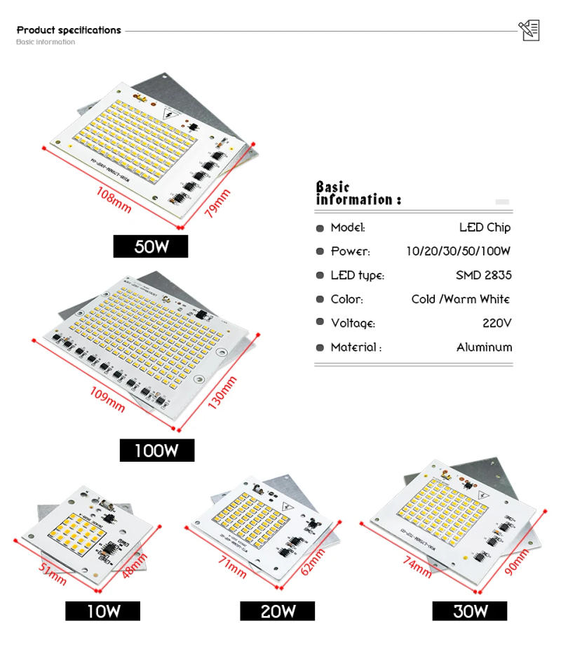 Description Picture 3 of item10Pcs/Lot LED Lamp Beads 220V 10W 20W 30W 50W 100W SMD Bulb 2835 No Need Driver for Outdoor FloodLight Chip Lamp