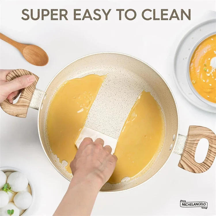 Description Picture 6 of itemMICHELANGELO 6QT Non-stick Soup Pot with Lid Induction Cooking Pot Cream Coating Stock Pot with Wooden Double Handle Kitchenware