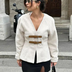 TRAFZA Retro Leather Buckle Woolen Coat Women Fashion Solid V Neck Long Sleeve Beige Jacket Autumn Spring Chic Female Streetwear