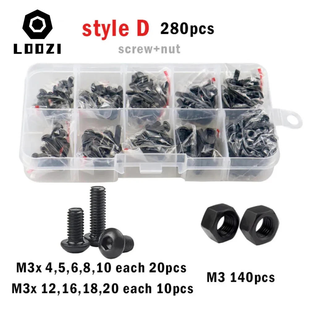 Description Picture 3 of item280/450pcs M2 M3 Steel Hex Hexagon Socket Button Round Head Screw Set Allen Bolt Nut Washer Kit Box Black Grade 10.9