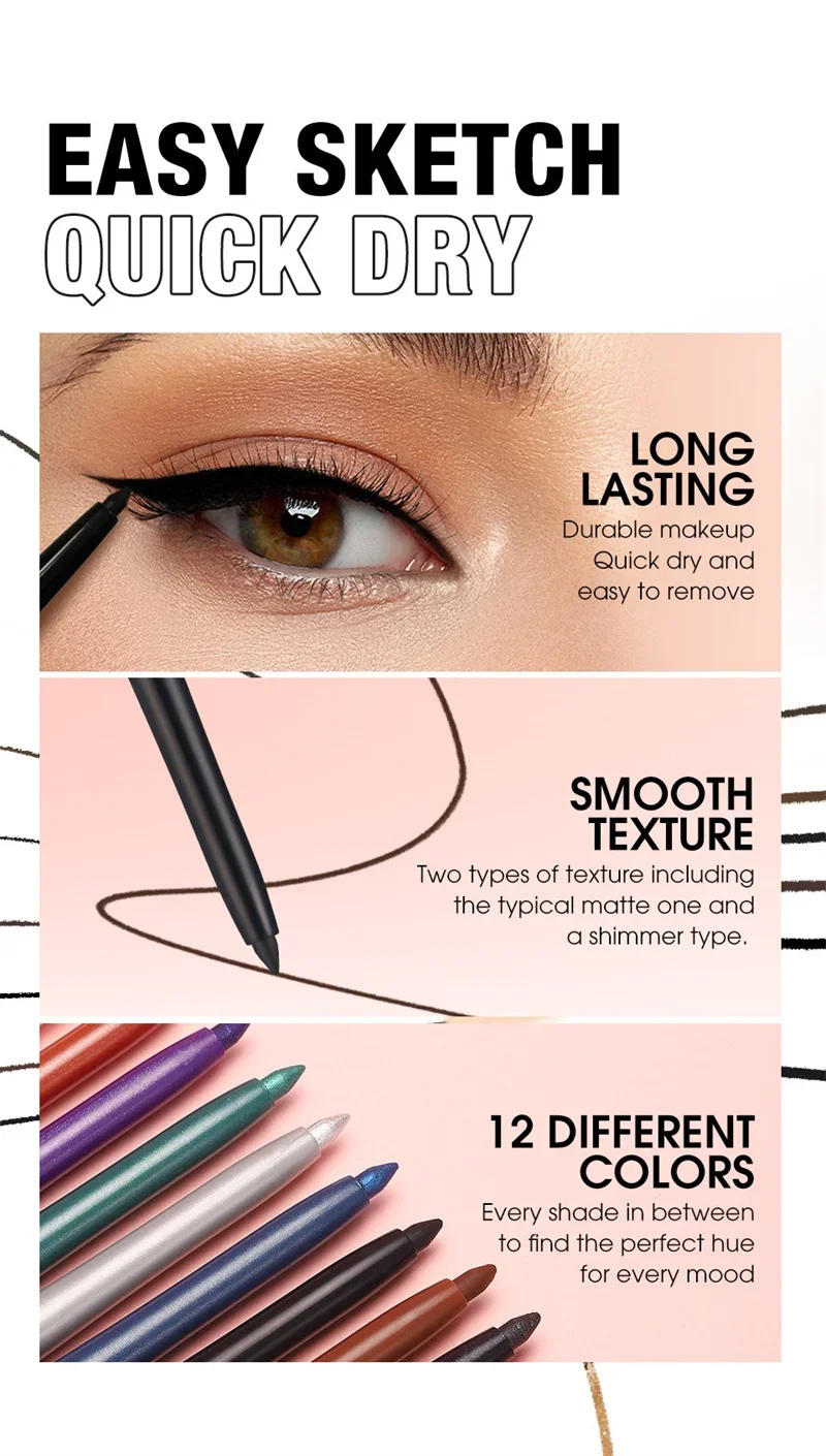 Description Picture 5 of item12-Color Fashion Eyeliner Pencil Smokey Punk Style Eye Liner Pen Long-lasting Waterproof Perform Stage Makeup Eyeshadow Stick