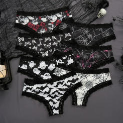 3pcs Underwear Women's Sexy Lace Rose Print Edge Dark Gothic Style Skull Personalized Comfortable Breathable Triangle Pants