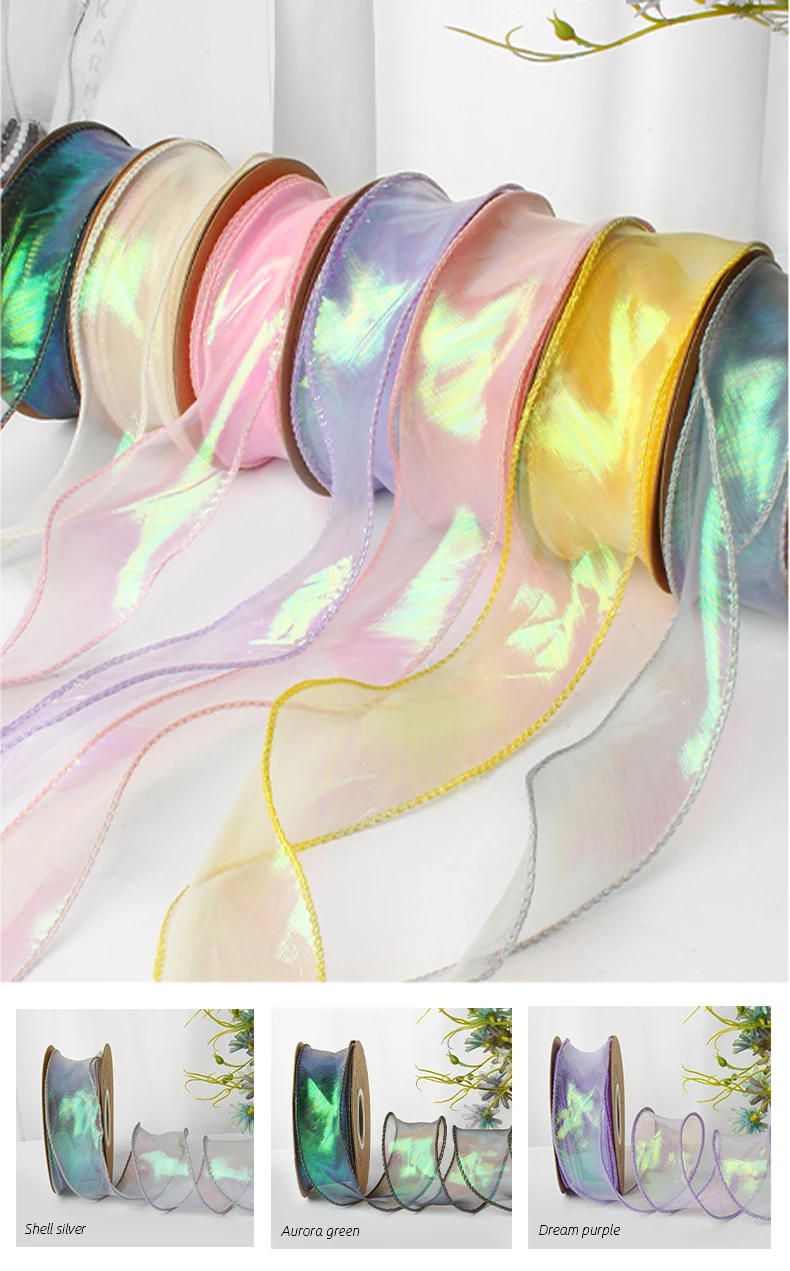 Description Picture 3 of itemIridescent Fishtail Yarn Gift Ribbons for Flowers Bouquet Packaging Organza Wired Ribbon for Valentine's Day Wedding Decorations