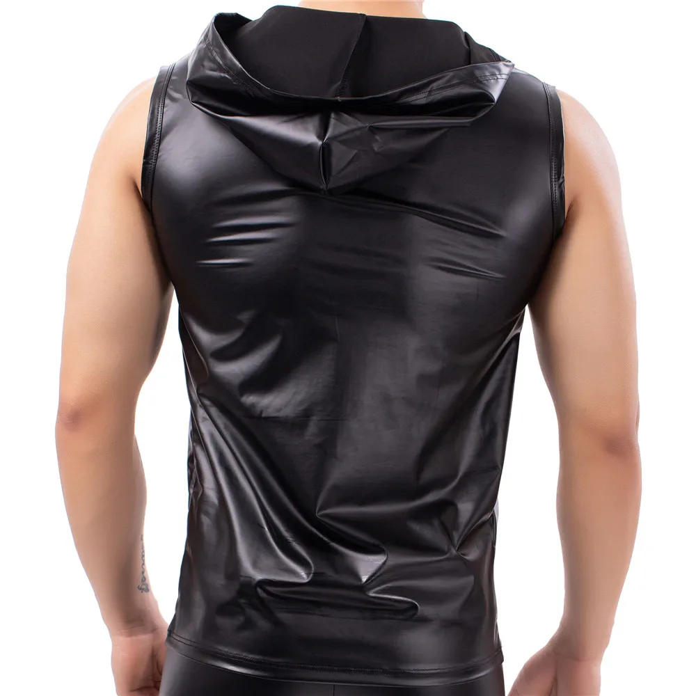 Description Picture 6 of itemMens PU Leather Undershirts Sleeveless T Shirts Hooded Tops Male Black Tank Tops Nightclub Stage Club Sexy Vests Men Clothes New