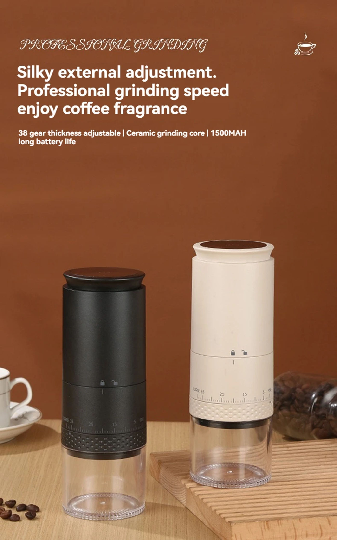Description Picture 3 of item1500mAh Electric Coffee Grinder Externally Adjustable Type-C Charging Coffee Burr Grinder Bean Grinding Machine Coffee Maker