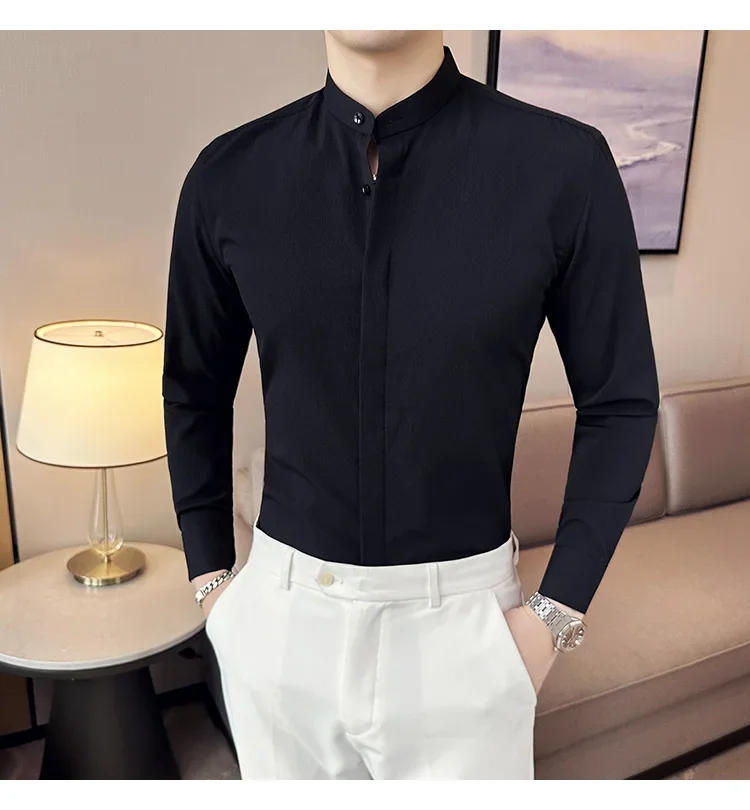Description Picture 4 of itemBlack/White/Green Long Sleeve Formal Shirts For Men Clothing 2023 Stand Collar Business Casual Slim Fit Solid Tuxedo Blouses 4XL