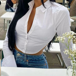 Women's Fashion Button Down Shirts Sexy Slim Fit Long Sleeve Stylish V Neck Blouses Tops Tie Backless Streetwear Top Tee