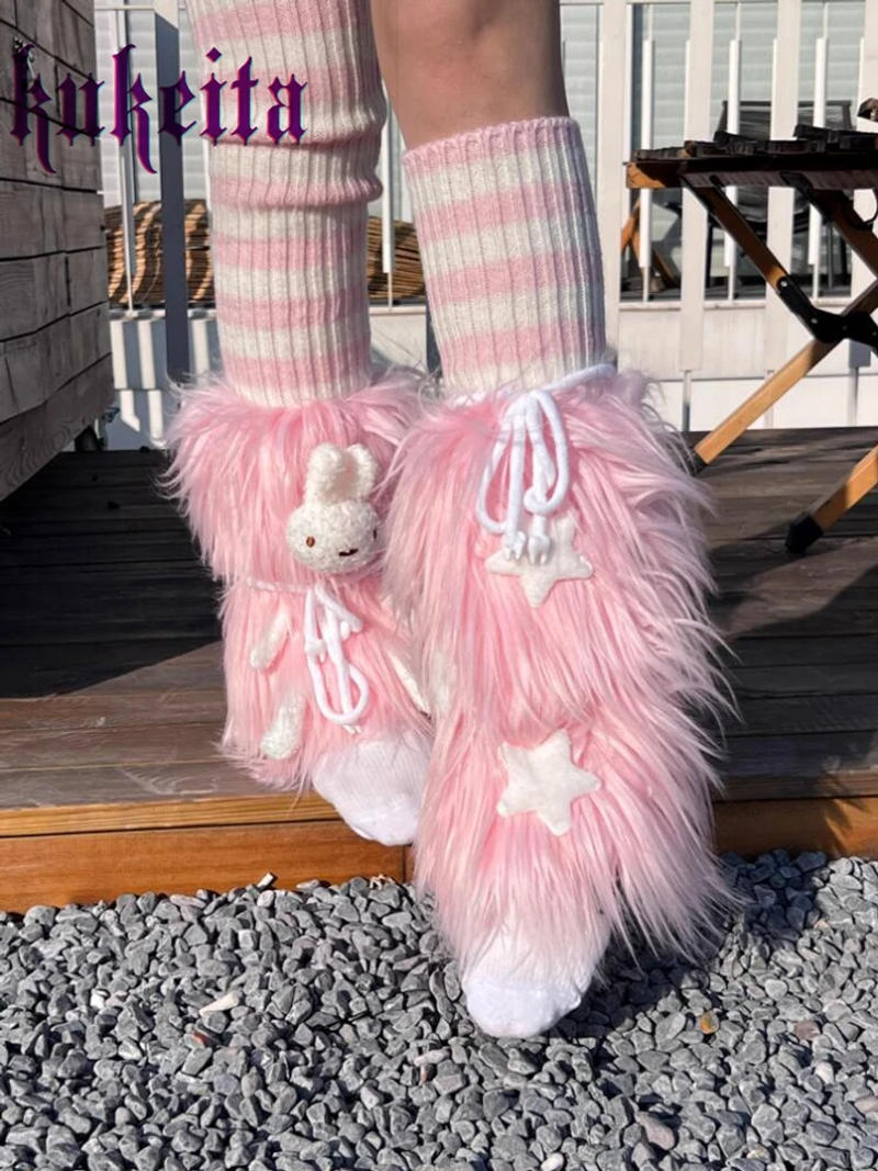 Description Picture 6 of itemKukeita Harajuku Lovely Pink Leg Warmer Boots Socks Y2k Punk Women Kawaii Bunny Lace-up Faux Fur Leg Covers Knitted Long Socks