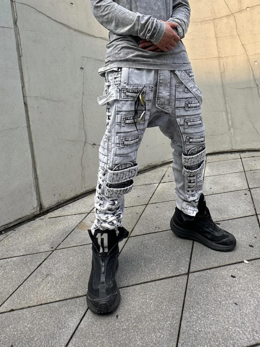 Description Picture 2 of itemWasteland Punk Vintage Light Color Distressed Tie-Dyed Wash Slim Fit Skinny Pants Loose Crotch Men's Overalls Streetwear Men