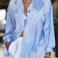 Striped Patchwork Lace Casual Shirt For Women Lapel Long Sleeve Spliced Single Breasted Loose Blouses Female Clothing New