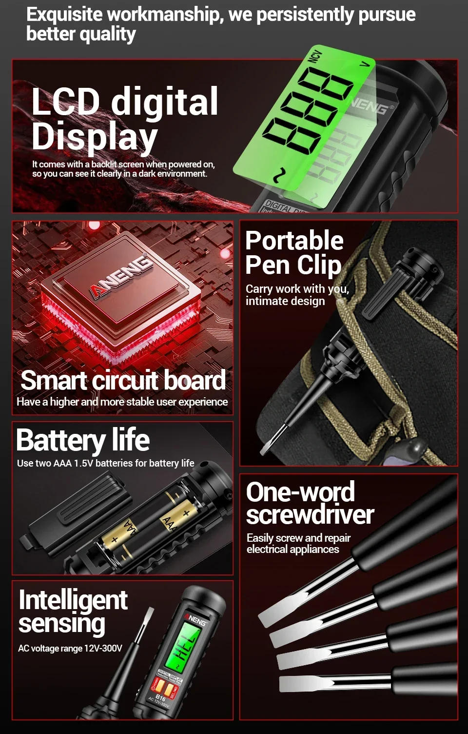 Description Picture 6 of itemANENG B16 Digital Voltage Detector Testers Pen Non-Contact 12V-300V Portable Screwdriver Indicator Voltages Tester Meter Tools