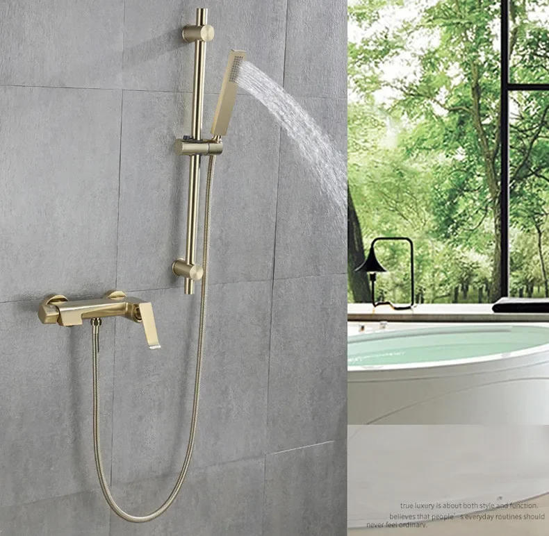 Description Picture 2 of itemShower Faucet Set Bathroom Wall Mounted Gray Brush Gold Single Lever Solid Brass Material Bathtub Set