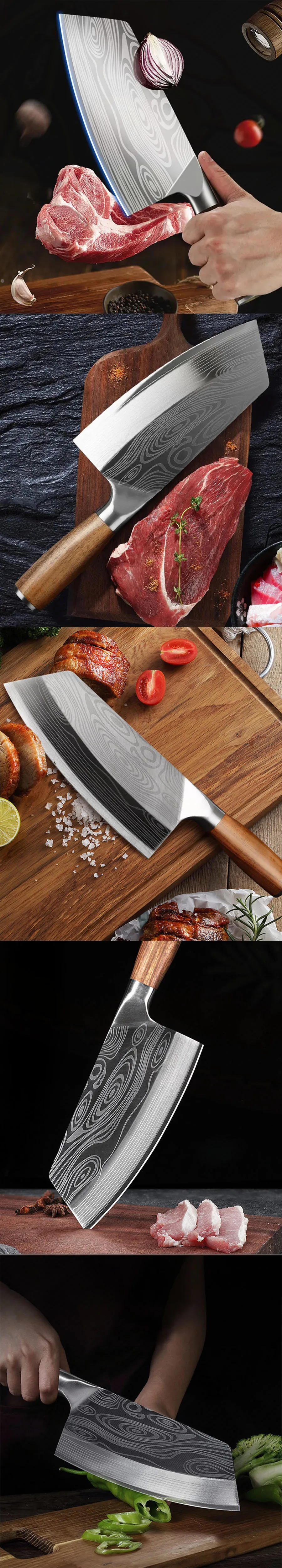 Description Picture 5 of itemProfessional Cleaver Knives Heavy Duty Chinese Knife Wooden Handle Laser Damascus Knife Cleaver Meat Chicken Fish Kitchen Knife