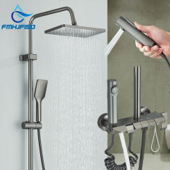 Space Aluminum Shower Faucet Set Piano Keys 4 Ways Hot Cold Water Mixer Tap Rotating Lifting Wall Mount Bathroom Shower System