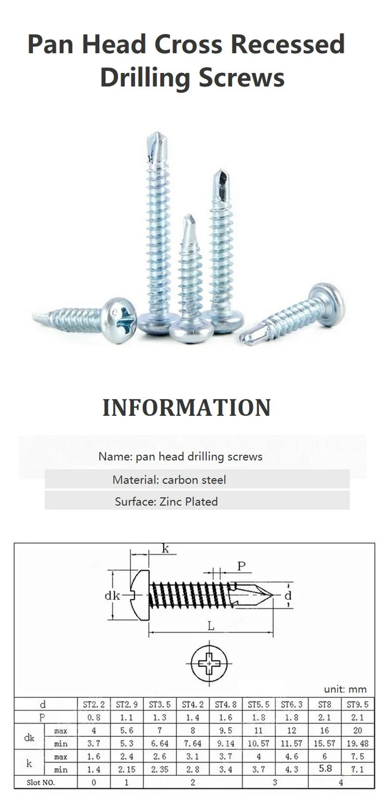 Description Picture 2 of itemM2.9 M3.5 M3.9 M4.2 M4.8 M5.5 Pan Head Cross Recessed Self Drilling Screws Carbon Steel Zinc Plated Iron Plate Drilling Screws