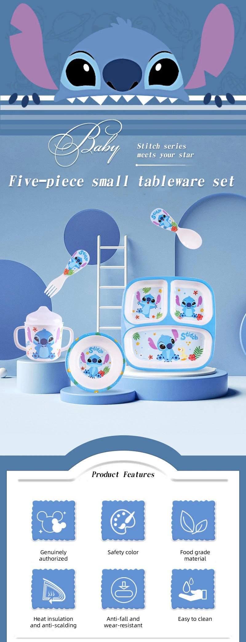 Description Picture 2 of itemDisney Lilo and Stitch Kids Bowl Spoon Fork Tableware Stitch Dinner Plate Rice Soup Bowl Water Cup Mugs Baby Eating Dinnerware