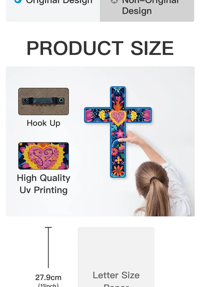 Description Picture 4 of itemPutuo Decor Mexican Style Crucifix Wood Wall Decor, Day of the Dead Decor Wooden Wall Mounted Cross for Home ,15.9 X 11.8 Inches