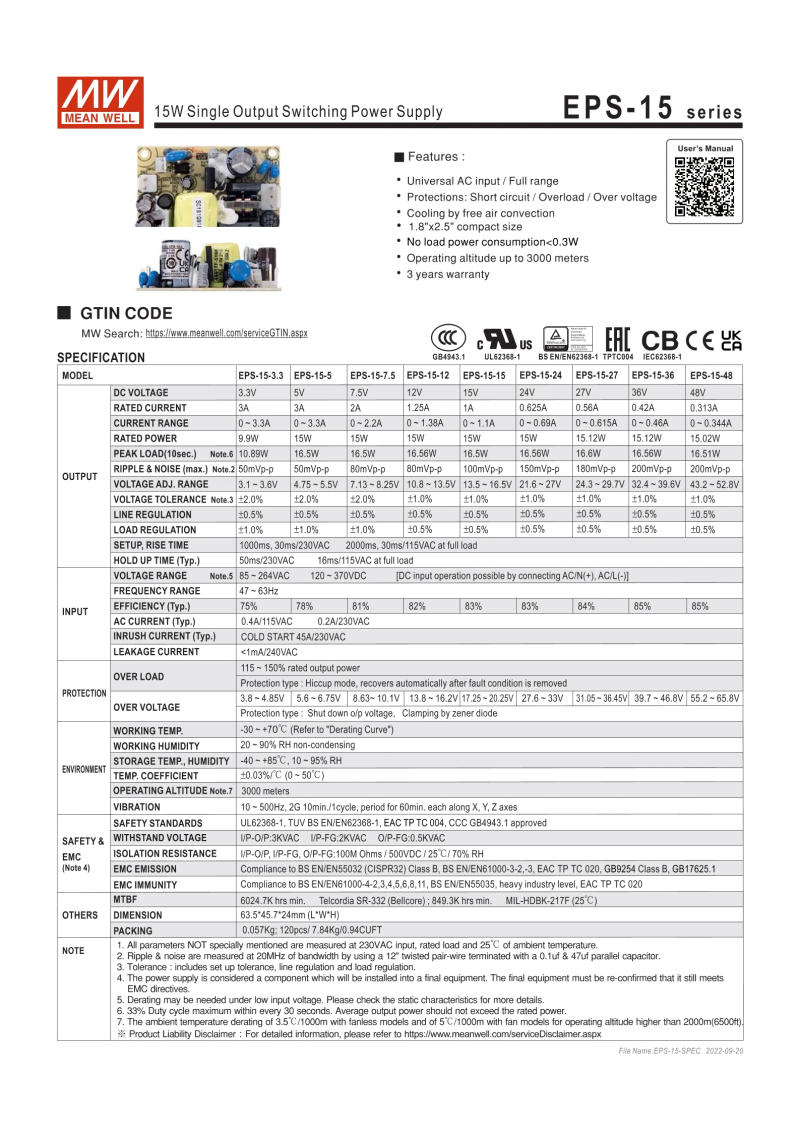 Description Picture 2 of itemMEAN WELL EPS-15-5 15W Single Output Switching Power Supply EPS-15 5V 3A