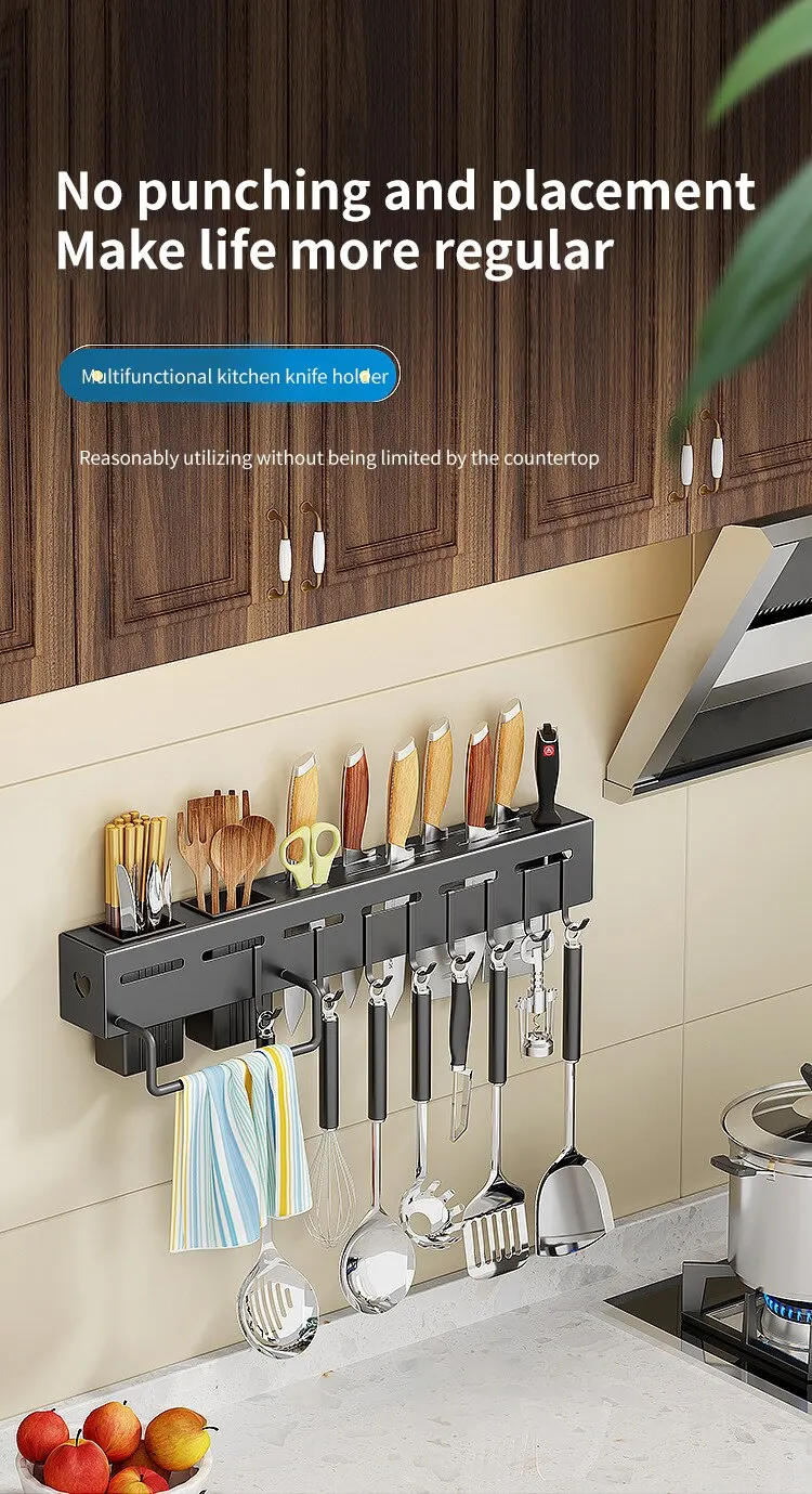 Description Picture 4 of itemStainless Steel Kitchen Storage Rack Wall-mounted Multifunctional Storage Knife Rack with Multiple Brackets and Hooks