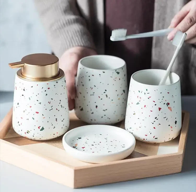 Description Picture 6 of itemEuropean Bathroom Decoration Bathroom Accessories, Terrazzo Ceramic, Emulsion Bottle, Gargle Cup, Soap Dish, Art Supplies