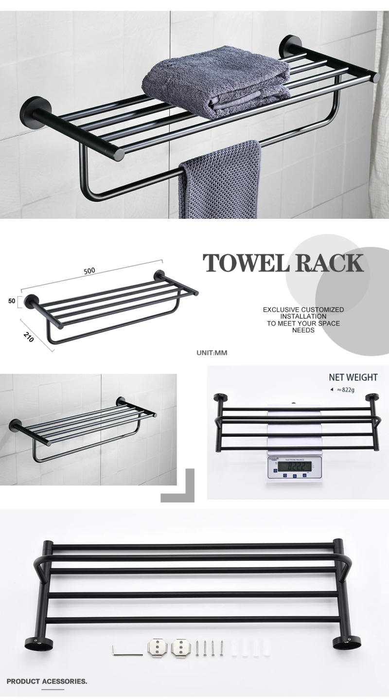 Description Picture 3 of itemMatt Black Double Towel Bars Kitchen Towel Hanger Stainless Steel Bathroom Accessories Towel Rack Ring Toilet Paper Brush Holder