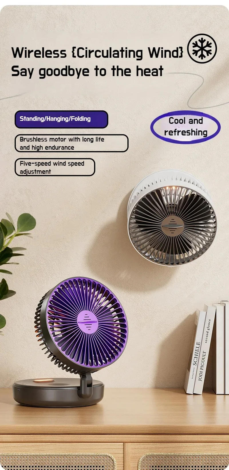 Description Picture 2 of itemPortable Desktop Fan Foldable Wall-Mounted Fan Mini Air Circulation Fan Rechargeable Foldable Fan With Warm Night Light