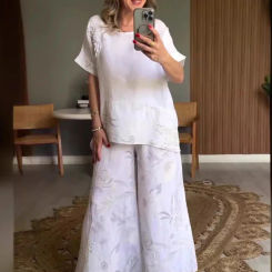 Casual Printed Two Piece Set Fashion O-neck Short Sleeve Splicing 3D Decorative Pullover Top Elastic Waist Wide Leg Pants Set