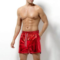 Men Glossy Surface Shorts Wide Leg Shorts Beach Elastic Waist Adjustable Drawstring Casual Short Pants Streetwear