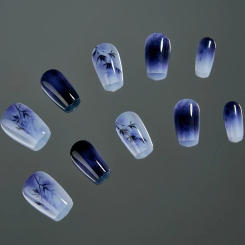 10-Piece Dark Blue Floral & Bamboo Press-On Nails Set - Glossy Medium Square Reusable Fake Nails For Women and Girls Dropship