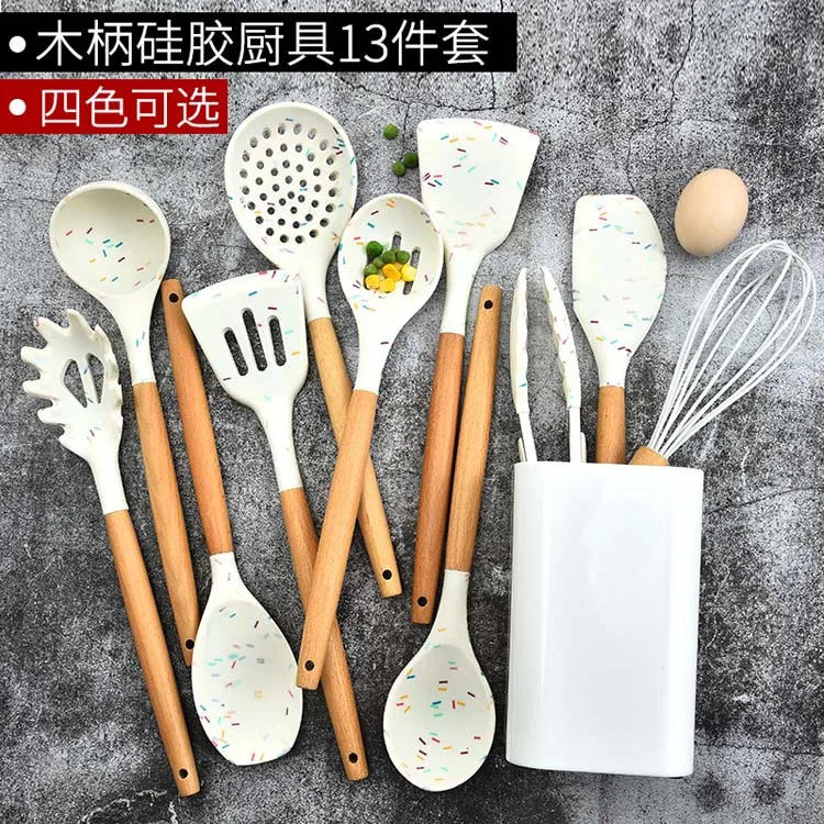 Description Picture 3 of itemCreative Color Dot Silicone Kitchenware Long Handle Soup Spoon Colander Frying Spatula Egg Beater Household Cooking kitchen Tool