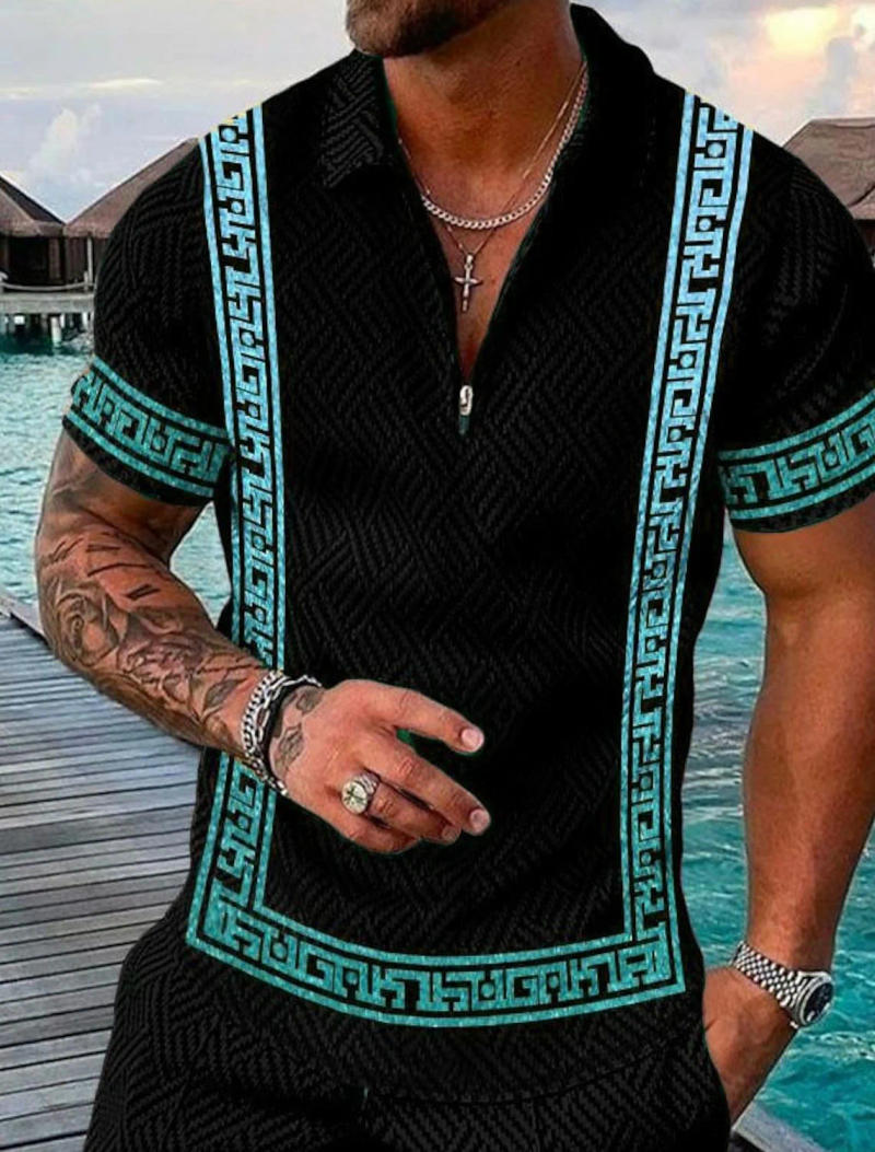 Description Picture 4 of itemMen's short-sleeved knit round neck casual T-shirt striped patchwork casual lapel button polo shirt outdoor street zipper tops