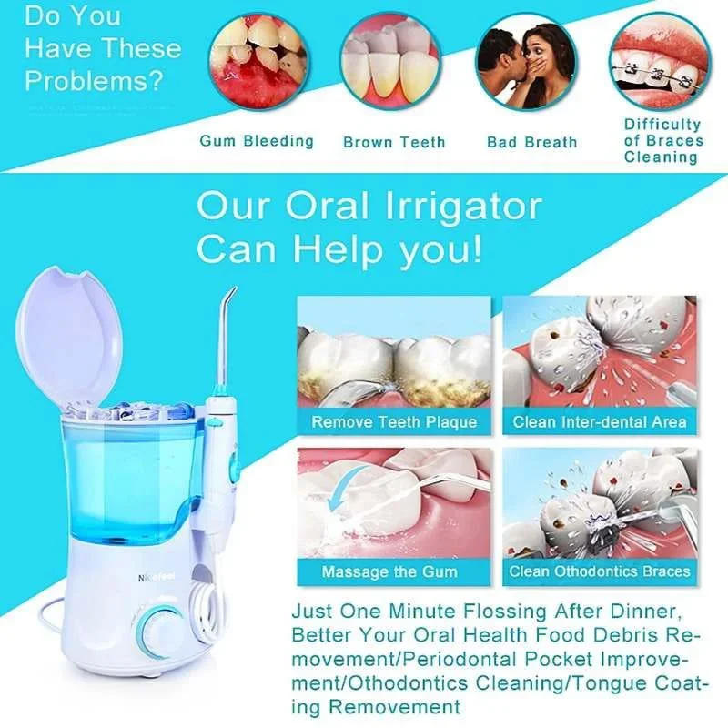 Description Picture 3 of itemNicefeel Ultrasonic Oral Irrigator Water Jet Flosser 600ML Water Tank Jet Tips Teeth Cleaner Dental Water Flosser 7 Nozzle