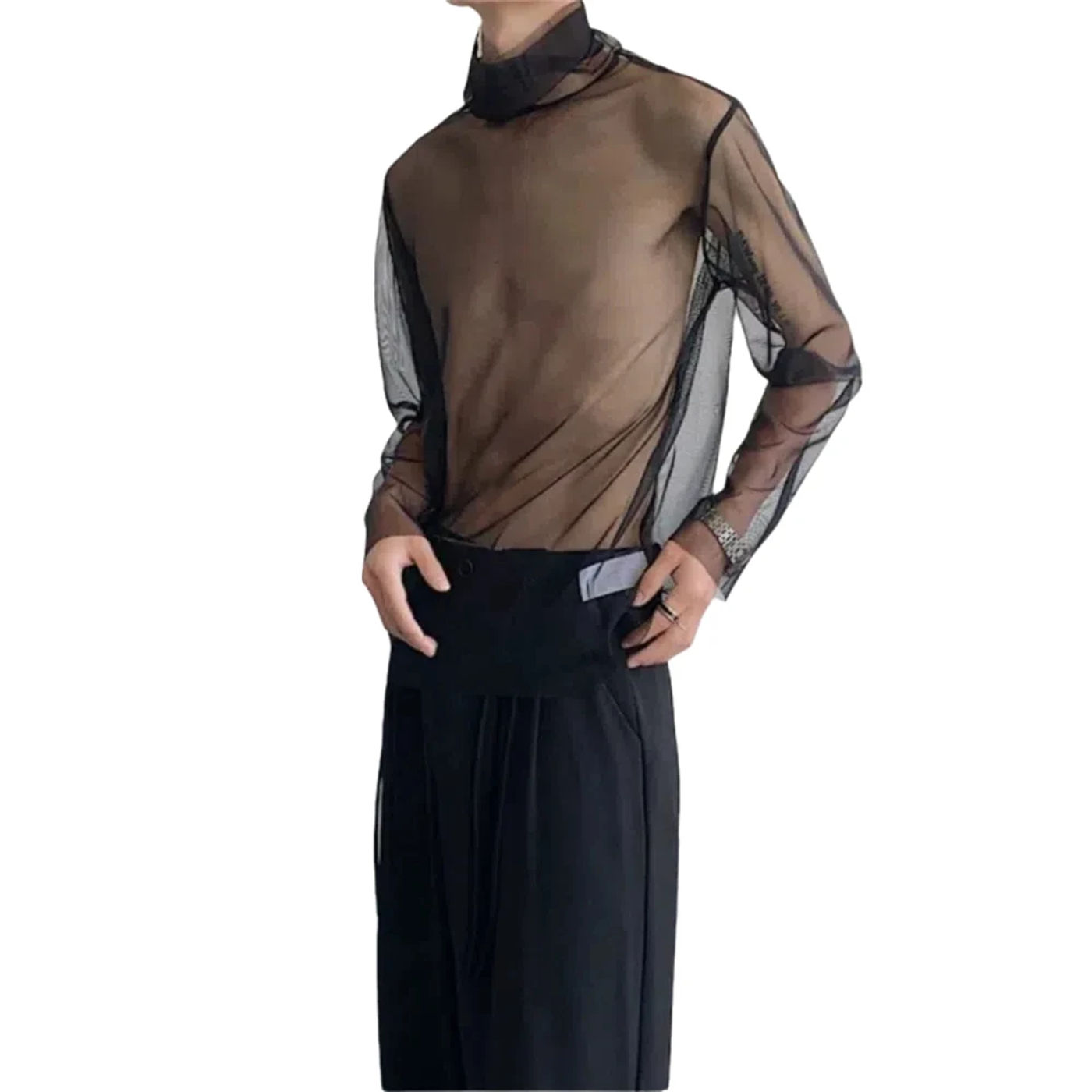 Description Picture 5 of itemChic See-through Transparent T-shirt Streetwear Solid Color Long Sleeve T-shirt Undershirt High Collar Mesh Top Men Home
