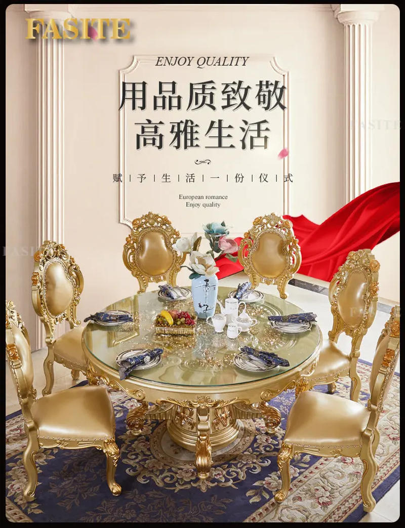 Description Picture 2 of itemEuropean marble dining table, champagne golden dining table, home luxury dining table chairs with turntable