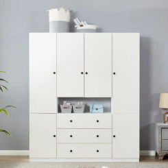 74" 4 Door Armoire Wardrobe Closet 3 Drawers Wooden White Closet Cabinet for High Storage Capacity Tall Cabinet Closet Wardrobe