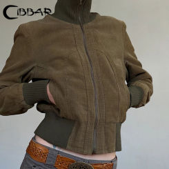CIBBAR Brown Corduroy Cropped Jacket Zip Up Turtleneck Full Sleeve Pockets Coat Women Fall Retro Outerwear Vintage y2k Clothing