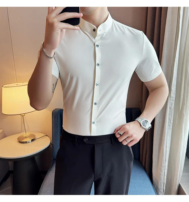 Description Picture 5 of itemSummer High Quality New Solid High Elasticity Seamless Short Sleeve Shirts Men Slim Social Casual Business Formal Dress Shirt